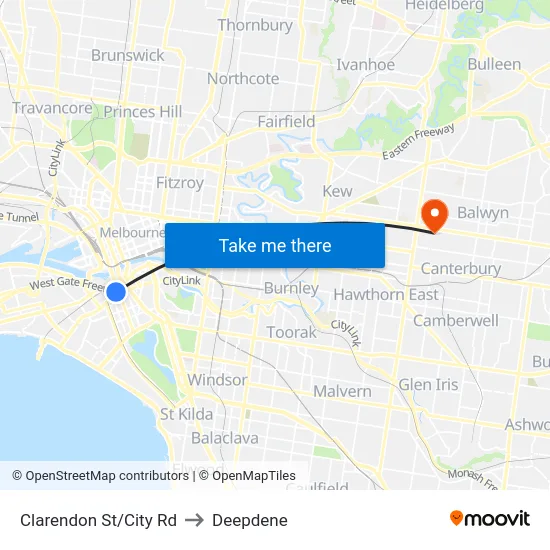 Clarendon St/City Rd to Deepdene map