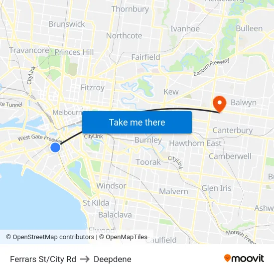 Ferrars St/City Rd to Deepdene map
