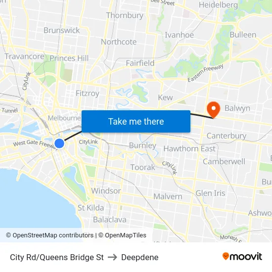 City Rd/Queens Bridge St to Deepdene map