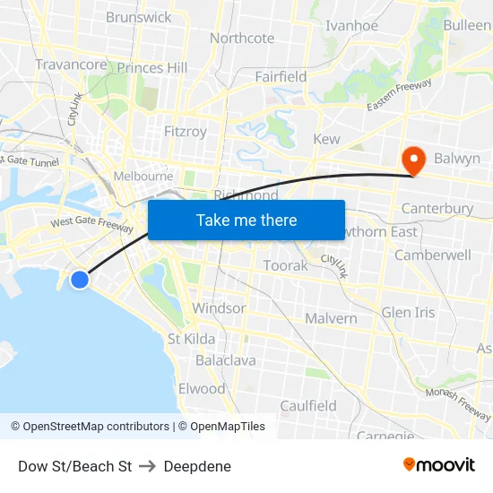 Dow St/Beach St to Deepdene map