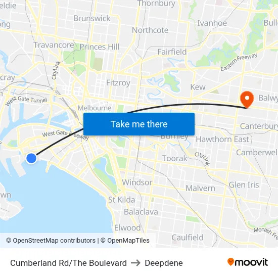 Cumberland Rd/The Boulevard to Deepdene map