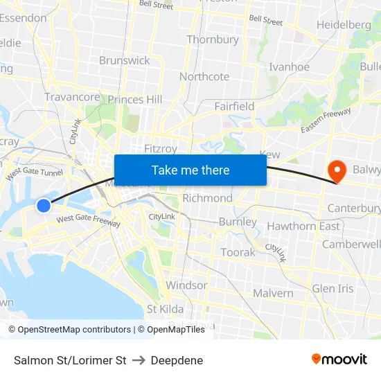 Salmon St/Lorimer St to Deepdene map