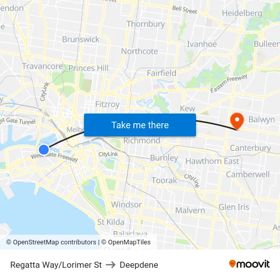 Regatta Way/Lorimer St to Deepdene map