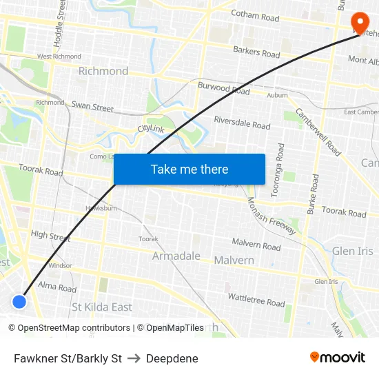 Fawkner St/Barkly St to Deepdene map