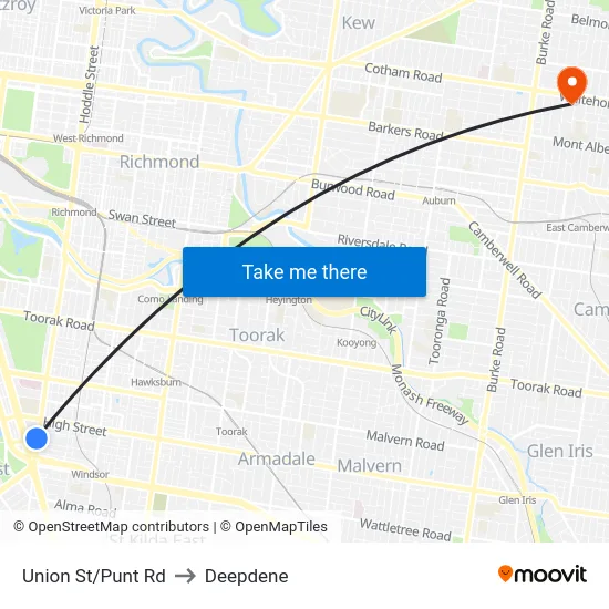 Union St/Punt Rd to Deepdene map