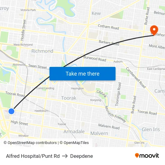 Alfred Hospital/Punt Rd to Deepdene map
