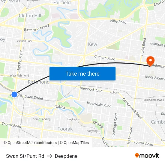 Swan St/Punt Rd to Deepdene map