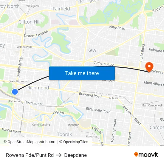 Rowena Pde/Punt Rd to Deepdene map