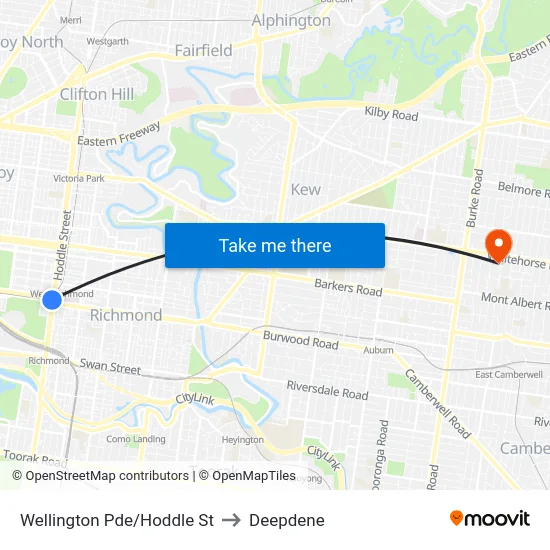 Wellington Pde/Hoddle St to Deepdene map