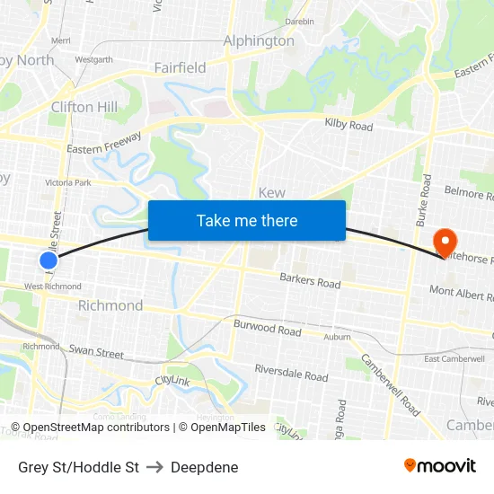 Grey St/Hoddle St to Deepdene map