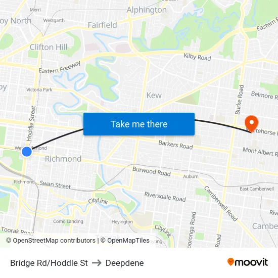 Bridge Rd/Hoddle St to Deepdene map