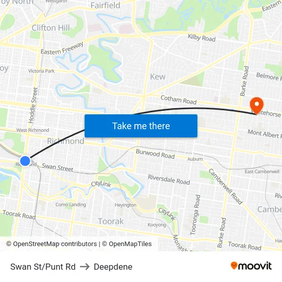 Swan St/Punt Rd to Deepdene map