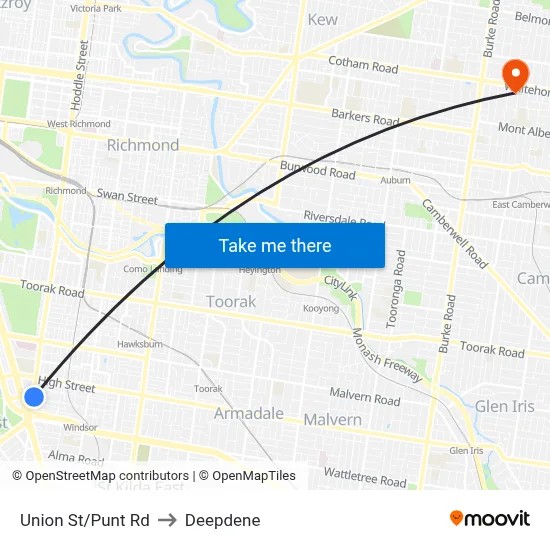 Union St/Punt Rd to Deepdene map