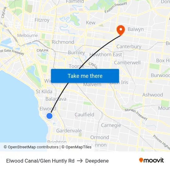 Elwood Canal/Glen Huntly Rd to Deepdene map