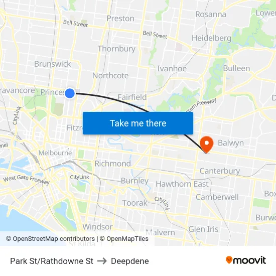 Park St/Rathdowne St to Deepdene map