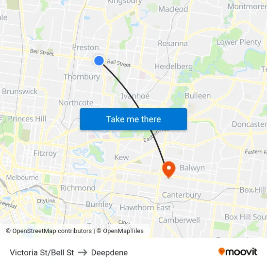 Victoria St/Bell St to Deepdene map