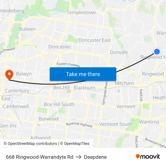 668 Ringwood-Warrandyte Rd to Deepdene map