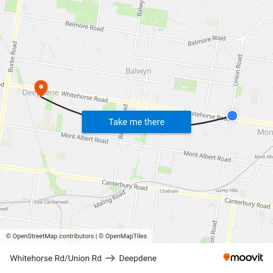 Whitehorse Rd/Union Rd to Deepdene map