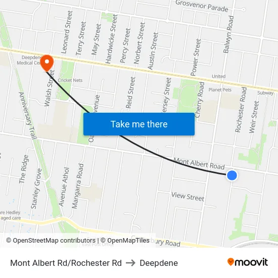 Mont Albert Rd/Rochester Rd to Deepdene map