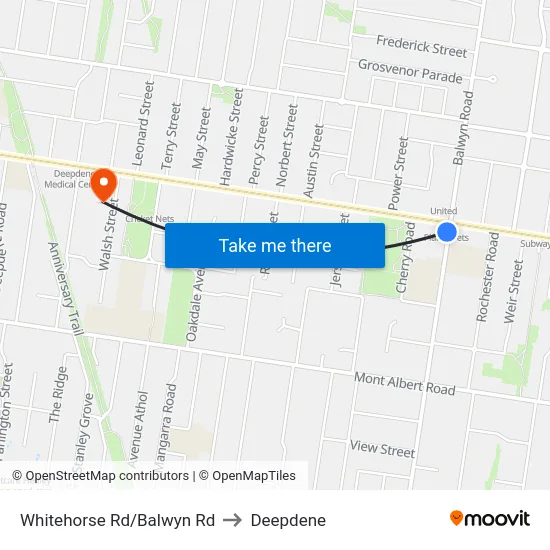 Whitehorse Rd/Balwyn Rd to Deepdene map
