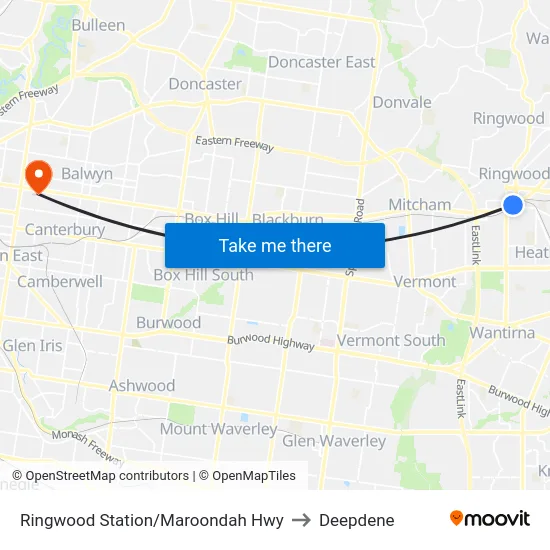 Ringwood Station/Maroondah Hwy to Deepdene map