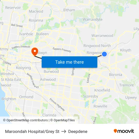 Maroondah Hospital/Grey St to Deepdene map