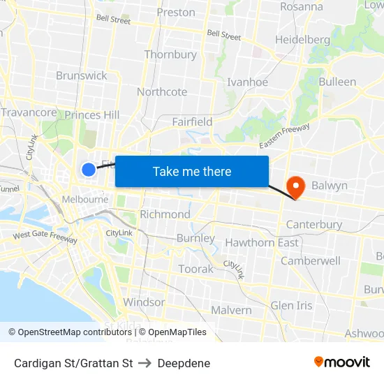 Cardigan St/Grattan St to Deepdene map