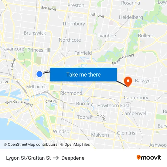Lygon St/Grattan St to Deepdene map
