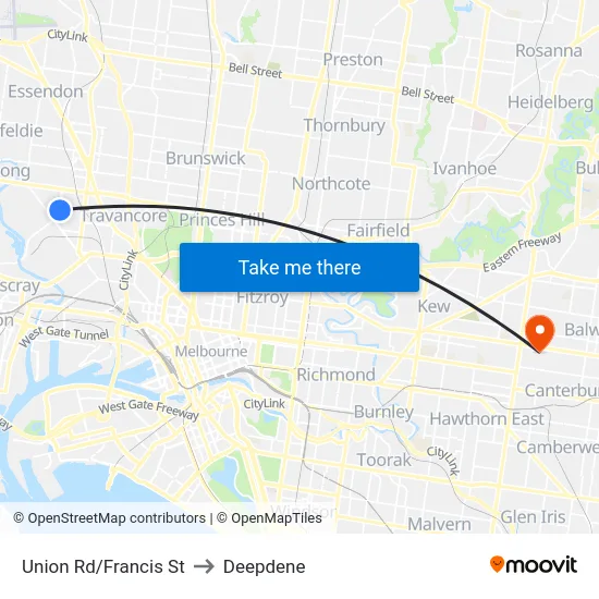 Union Rd/Francis St to Deepdene map