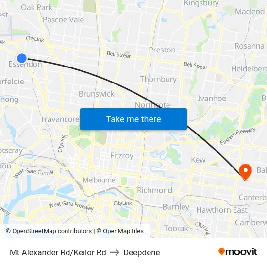 Mt Alexander Rd/Keilor Rd to Deepdene map