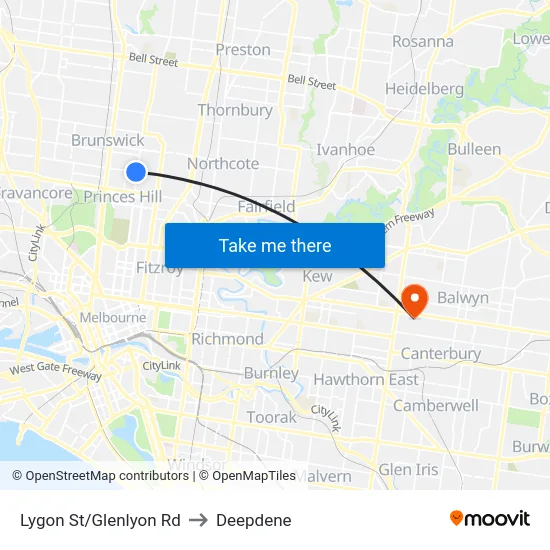 Lygon St/Glenlyon Rd to Deepdene map