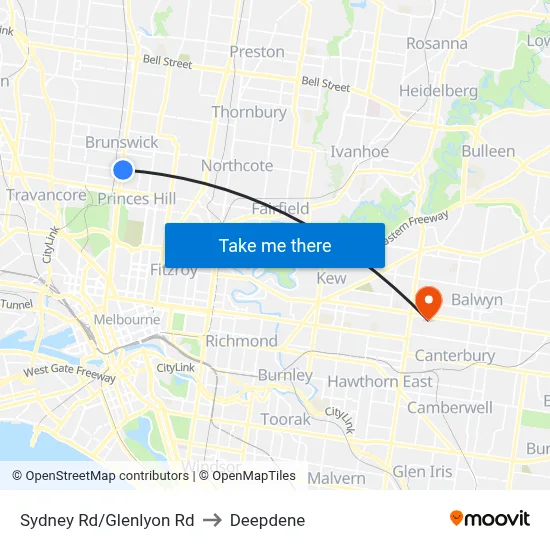 Sydney Rd/Glenlyon Rd to Deepdene map