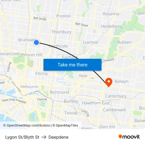 Lygon St/Blyth St to Deepdene map