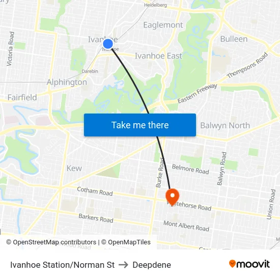 Ivanhoe Station/Norman St to Deepdene map