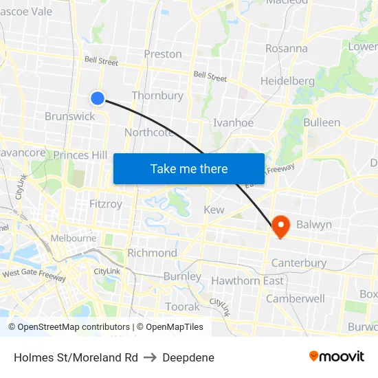 Holmes St/Moreland Rd to Deepdene map