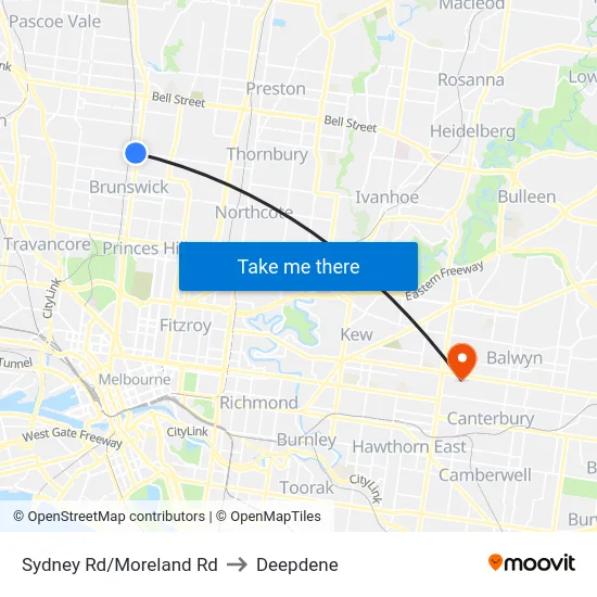 Sydney Rd/Moreland Rd to Deepdene map
