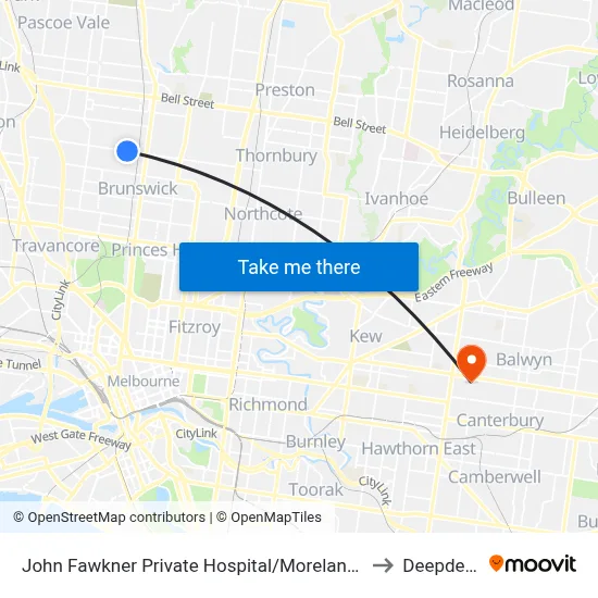 John Fawkner Private Hospital/Moreland Rd to Deepdene map