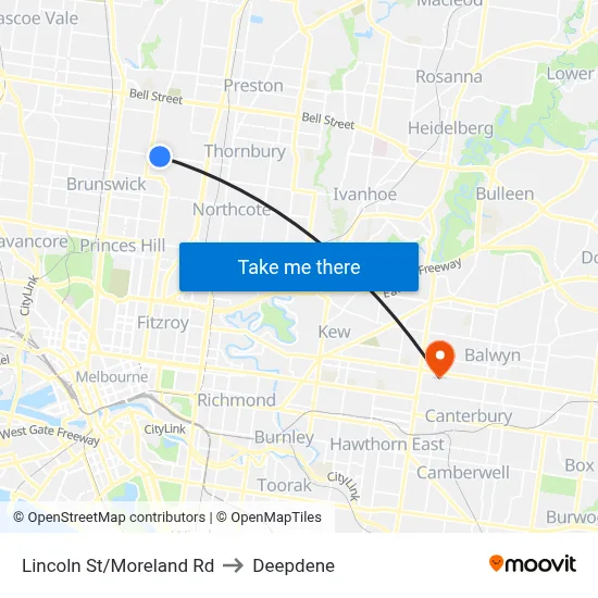 Lincoln St/Moreland Rd to Deepdene map