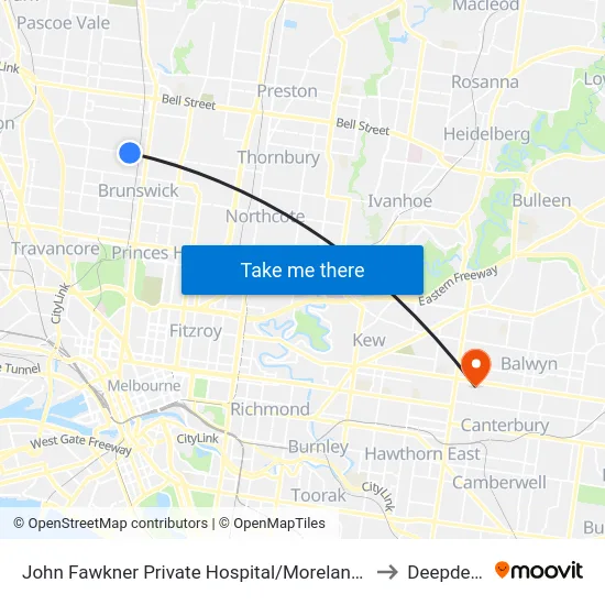 John Fawkner Private Hospital/Moreland Rd to Deepdene map