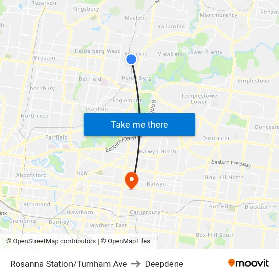 Rosanna Station/Turnham Ave to Deepdene map
