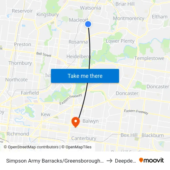 Simpson Army Barracks/Greensborough Hwy to Deepdene map