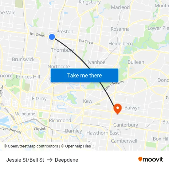 Jessie St/Bell St to Deepdene map