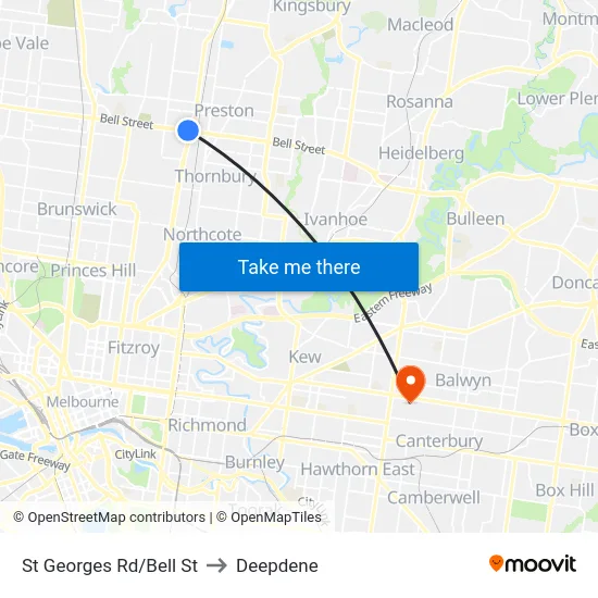 St Georges Rd/Bell St to Deepdene map