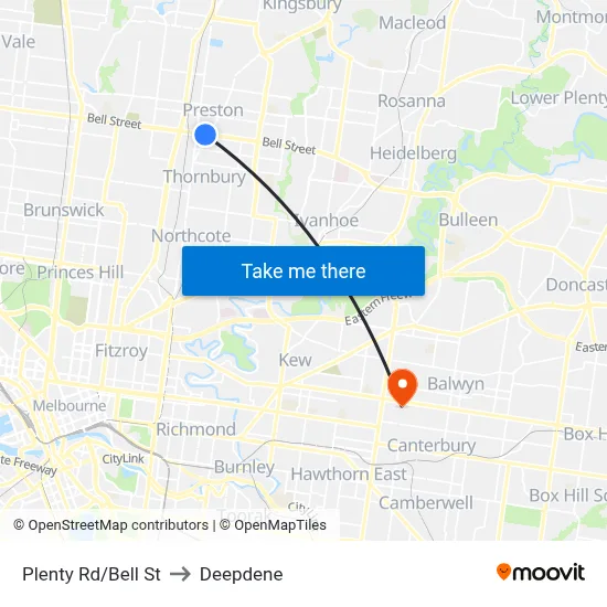 Plenty Rd/Bell St to Deepdene map