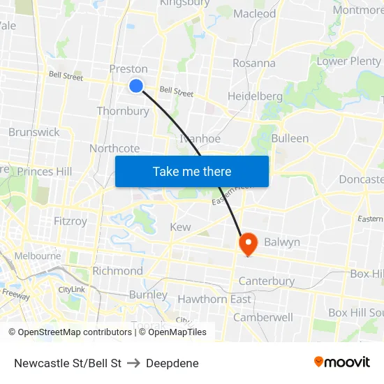 Newcastle St/Bell St to Deepdene map