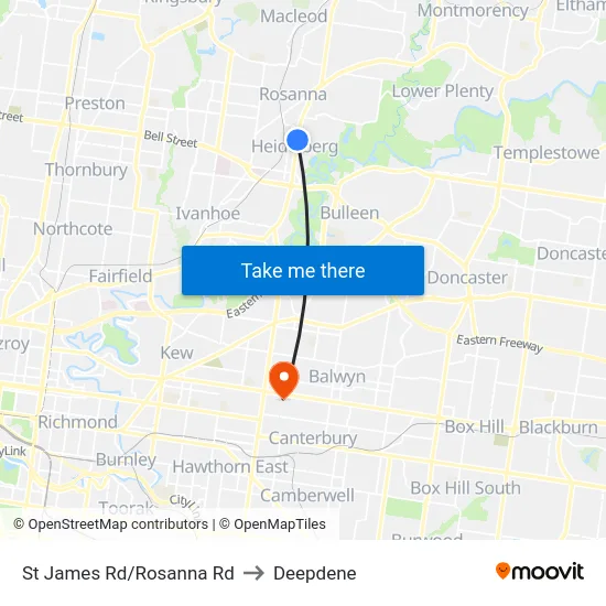 St James Rd/Rosanna Rd to Deepdene map