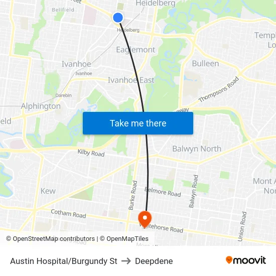 Austin Hospital/Burgundy St to Deepdene map