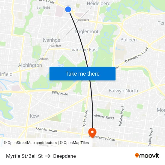Myrtle St/Bell St to Deepdene map