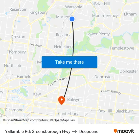 Yallambie Rd/Greensborough Hwy to Deepdene map