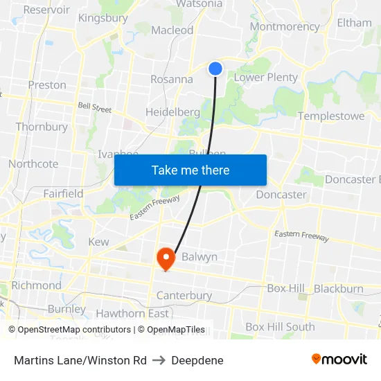 Martins Lane/Winston Rd to Deepdene map